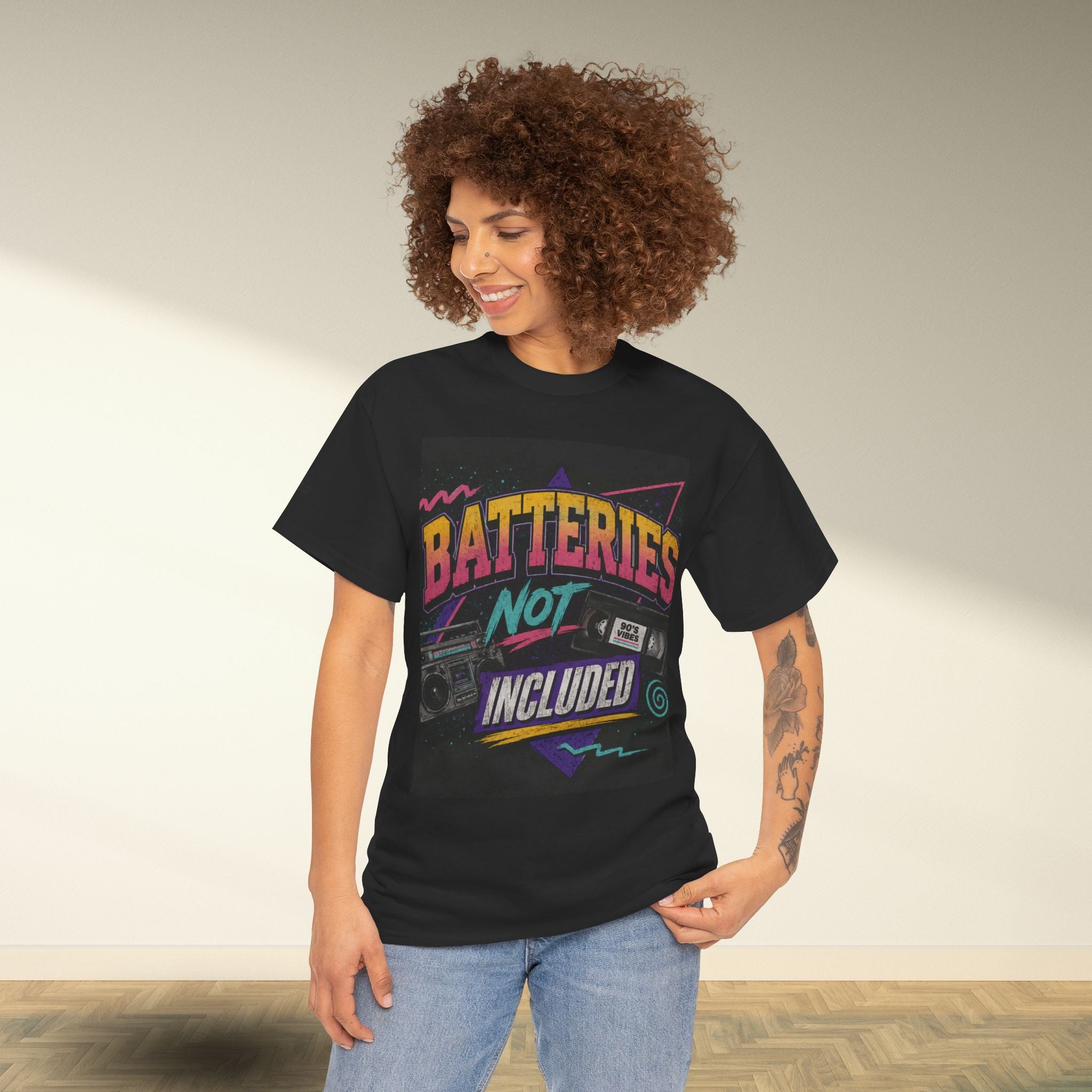 Batteries Not Included Graphic Tee — Retro 80s VHS Cassette Shirt