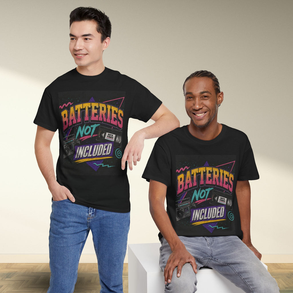 Batteries Not Included Graphic Tee — Retro 80s VHS Cassette Shirt