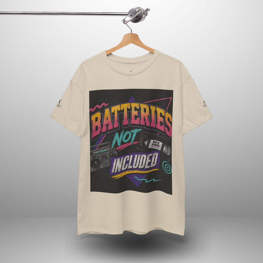 Batteries Not Included Graphic Tee — Retro 80s VHS Cassette Shirt