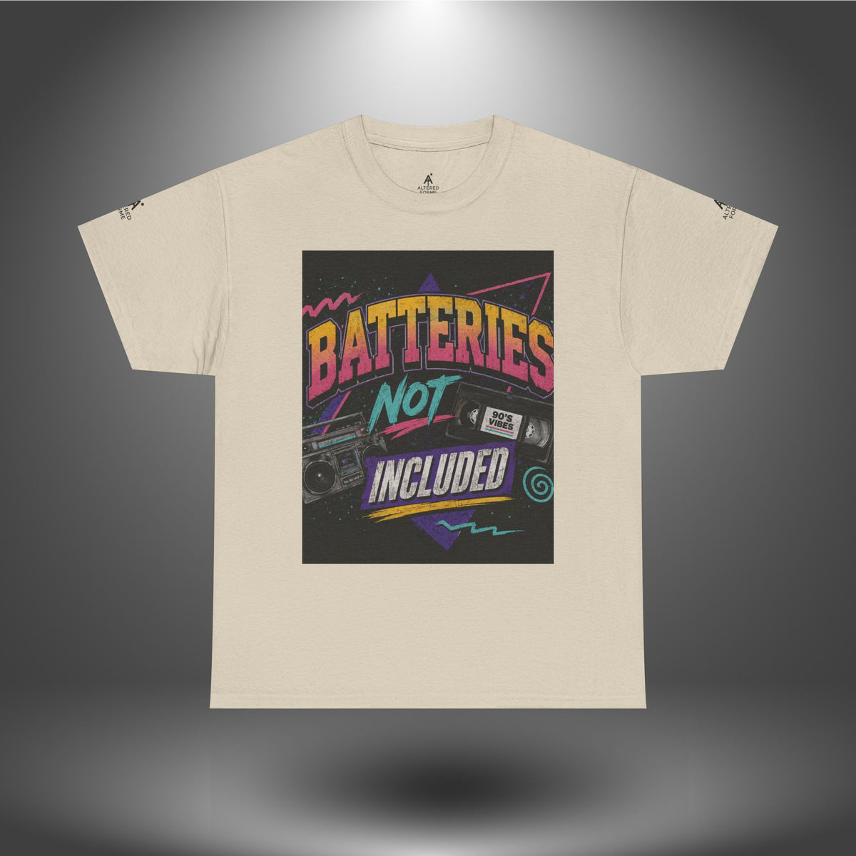 Batteries Not Included Graphic Tee — Retro 80s VHS Cassette Shirt