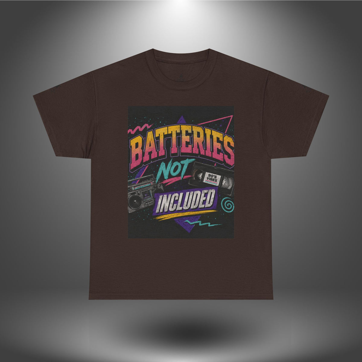 Batteries Not Included Graphic Tee — Retro 80s VHS Cassette Shirt