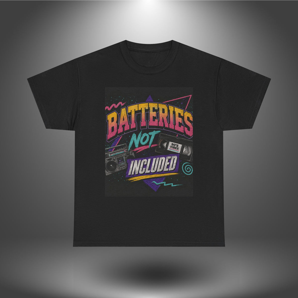 Batteries Not Included Graphic Tee — Retro 80s VHS Cassette Shirt