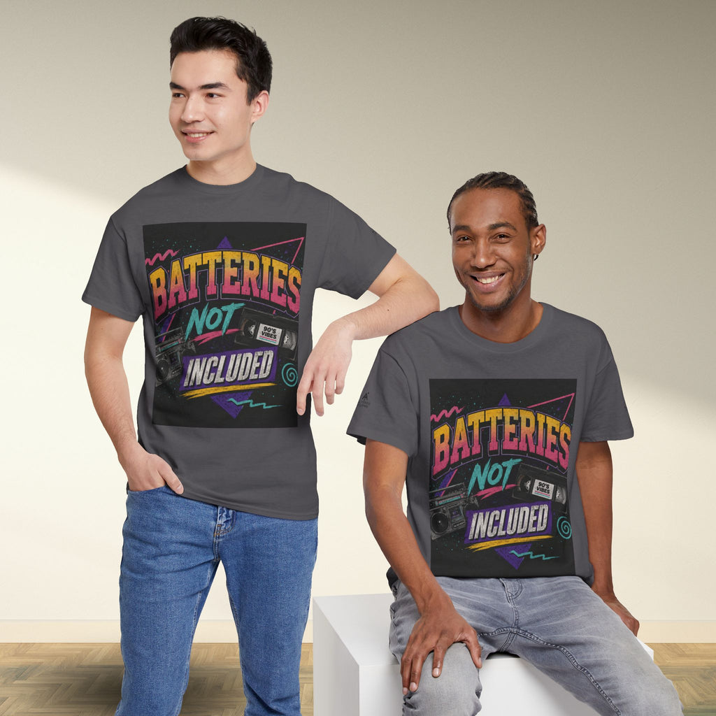 Batteries Not Included Graphic Tee — Retro 80s VHS Cassette Shirt