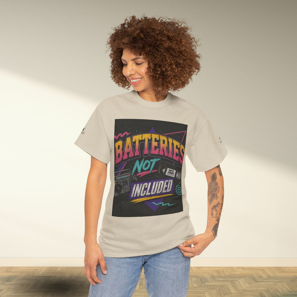 Batteries Not Included Graphic Tee — Retro 80s VHS Cassette Shirt