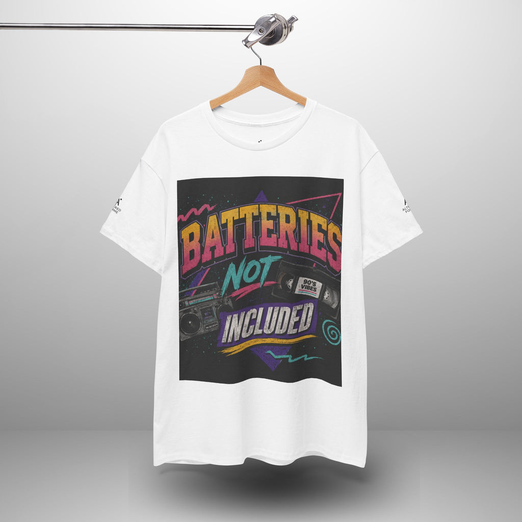 Batteries Not Included Graphic Tee — Retro 80s VHS Cassette Shirt