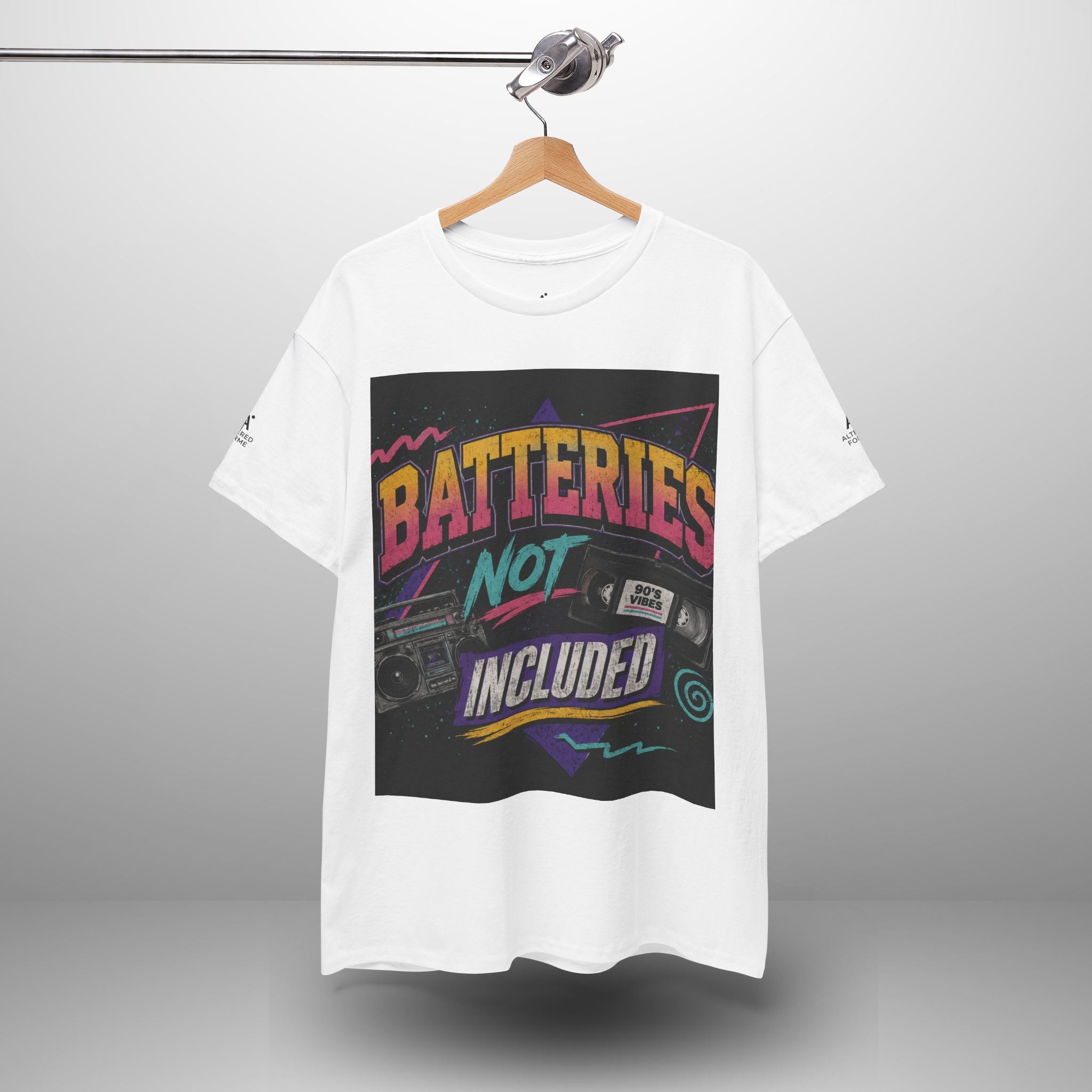 Batteries Not Included Graphic Tee — Retro 80s VHS Cassette Shirt