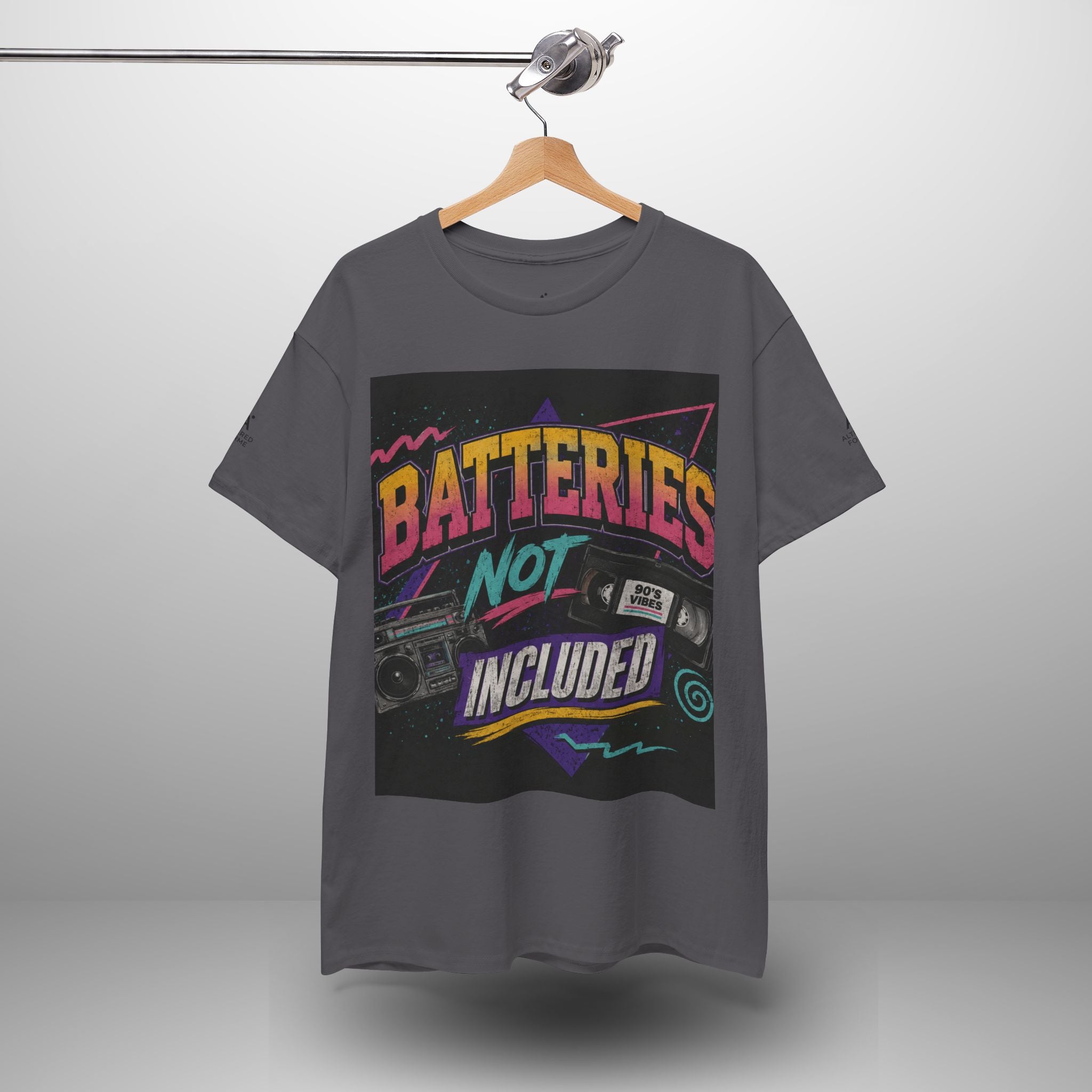 Batteries Not Included Graphic Tee — Retro 80s VHS Cassette Shirt