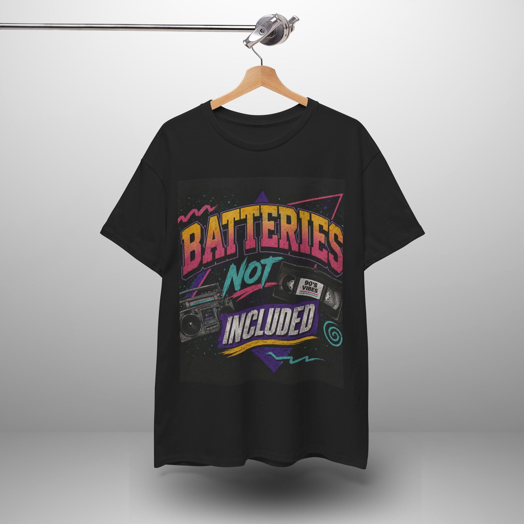 Batteries Not Included Graphic Tee — Retro 80s VHS Cassette Shirt