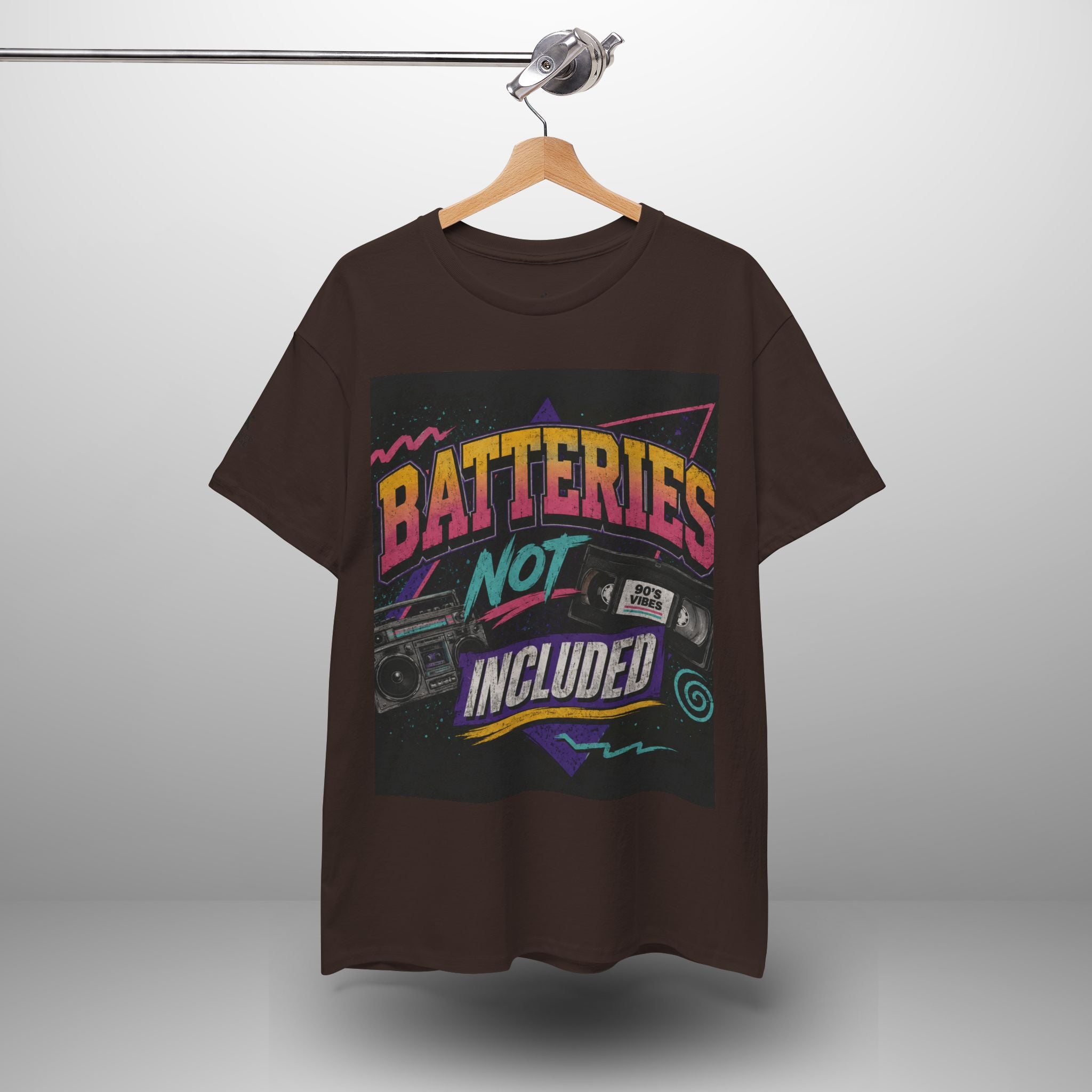 Batteries Not Included Graphic Tee — Retro 80s VHS Cassette Shirt