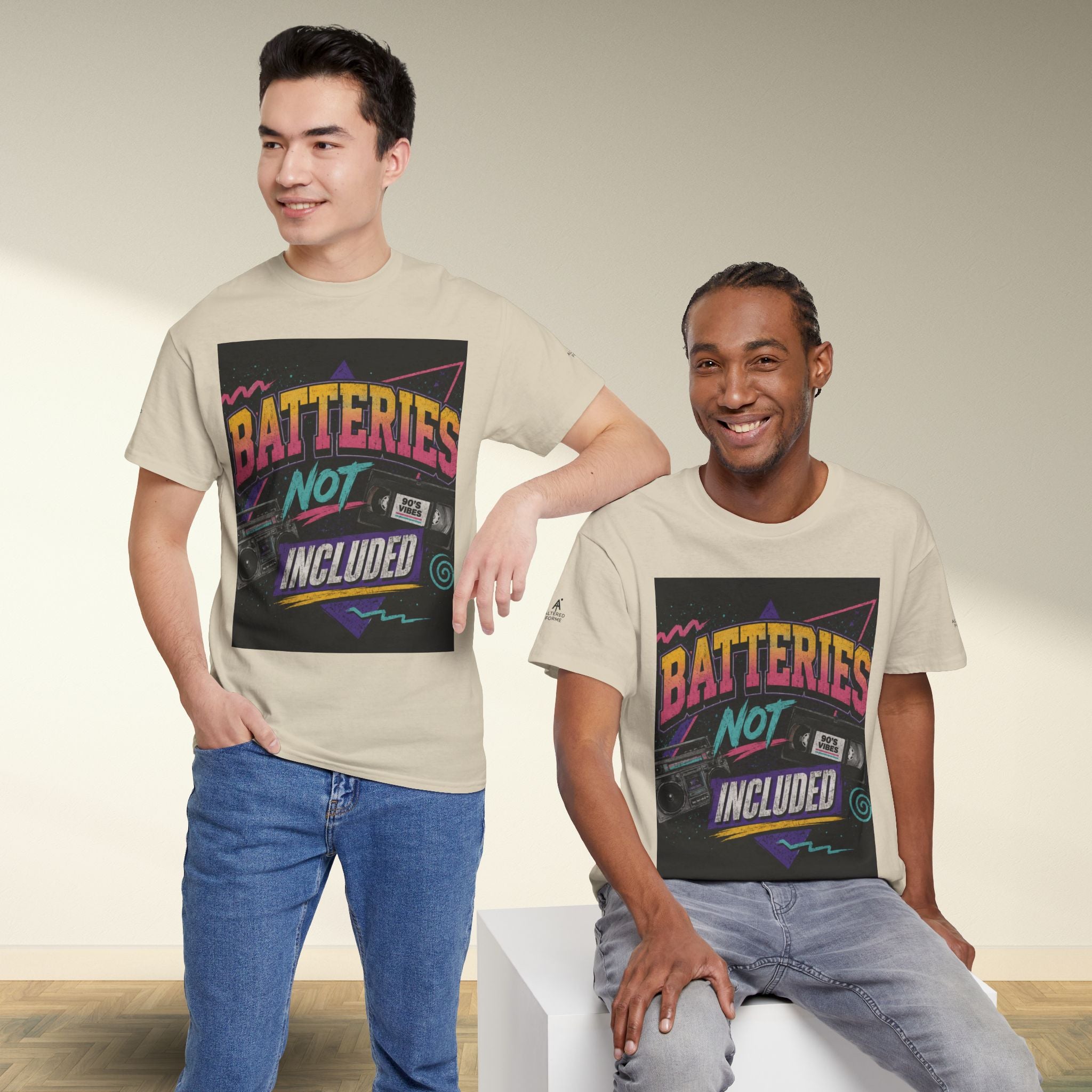 Batteries Not Included Graphic Tee — Retro 80s VHS Cassette Shirt
