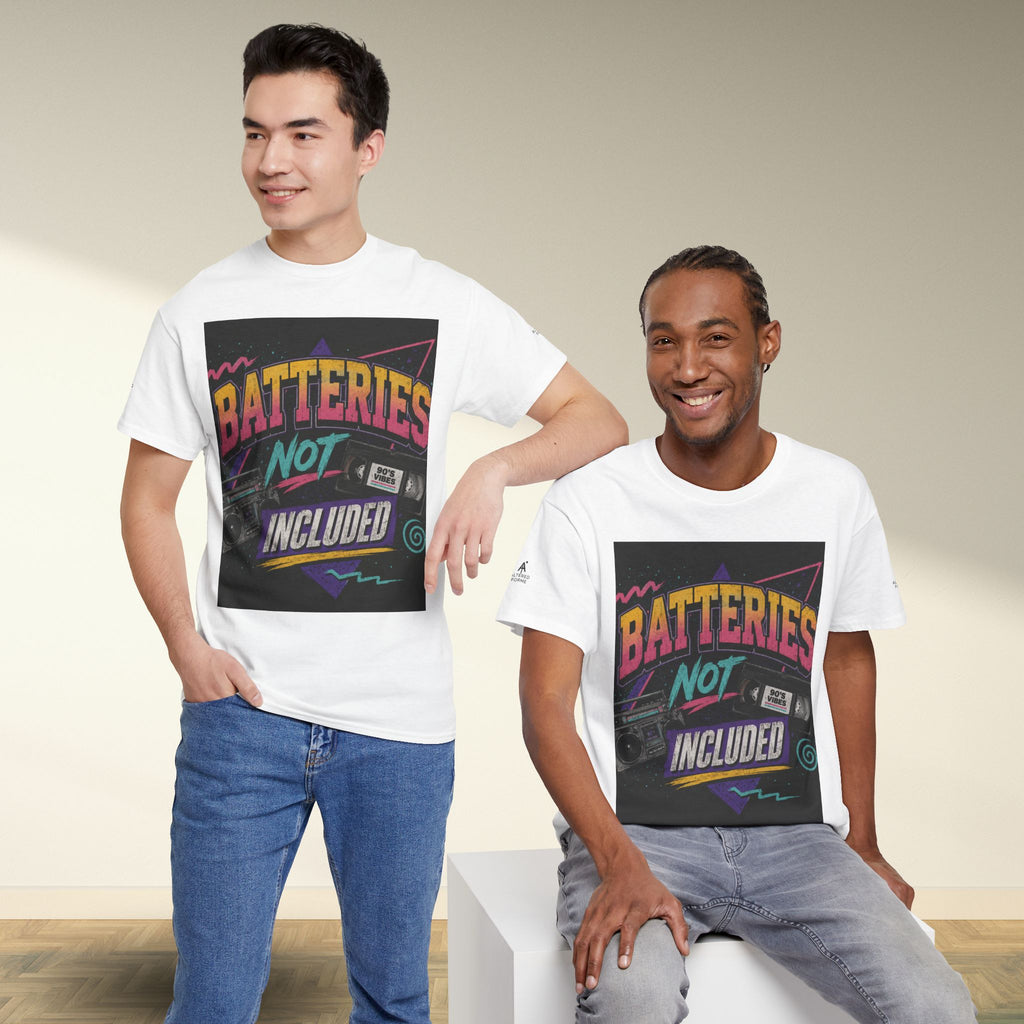Batteries Not Included Graphic Tee — Retro 80s VHS Cassette Shirt
