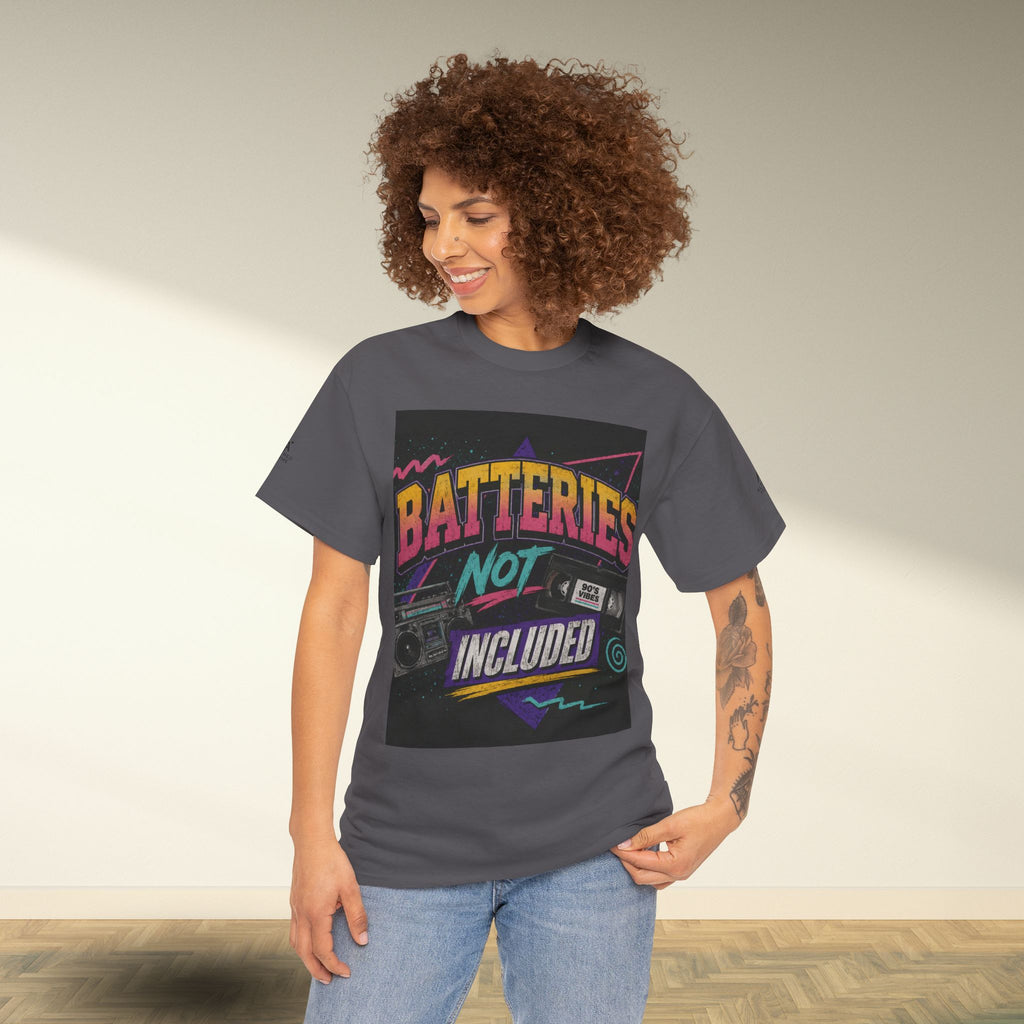 Batteries Not Included Graphic Tee — Retro 80s VHS Cassette Shirt
