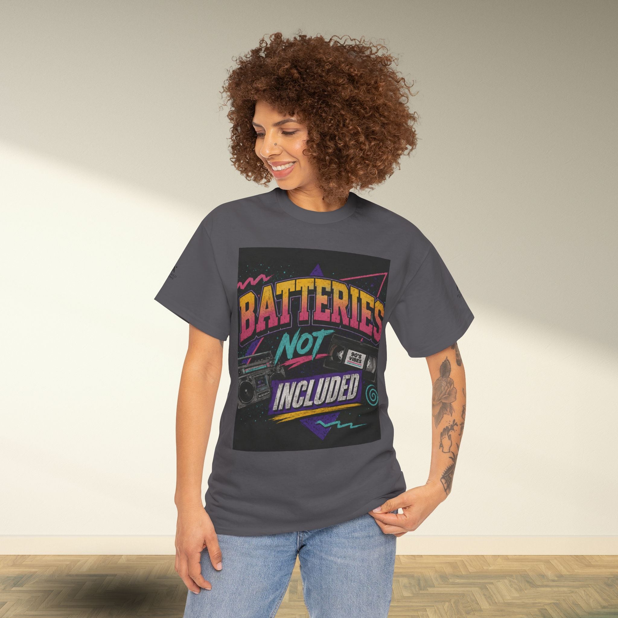 Batteries Not Included Graphic Tee — Retro 80s VHS Cassette Shirt
