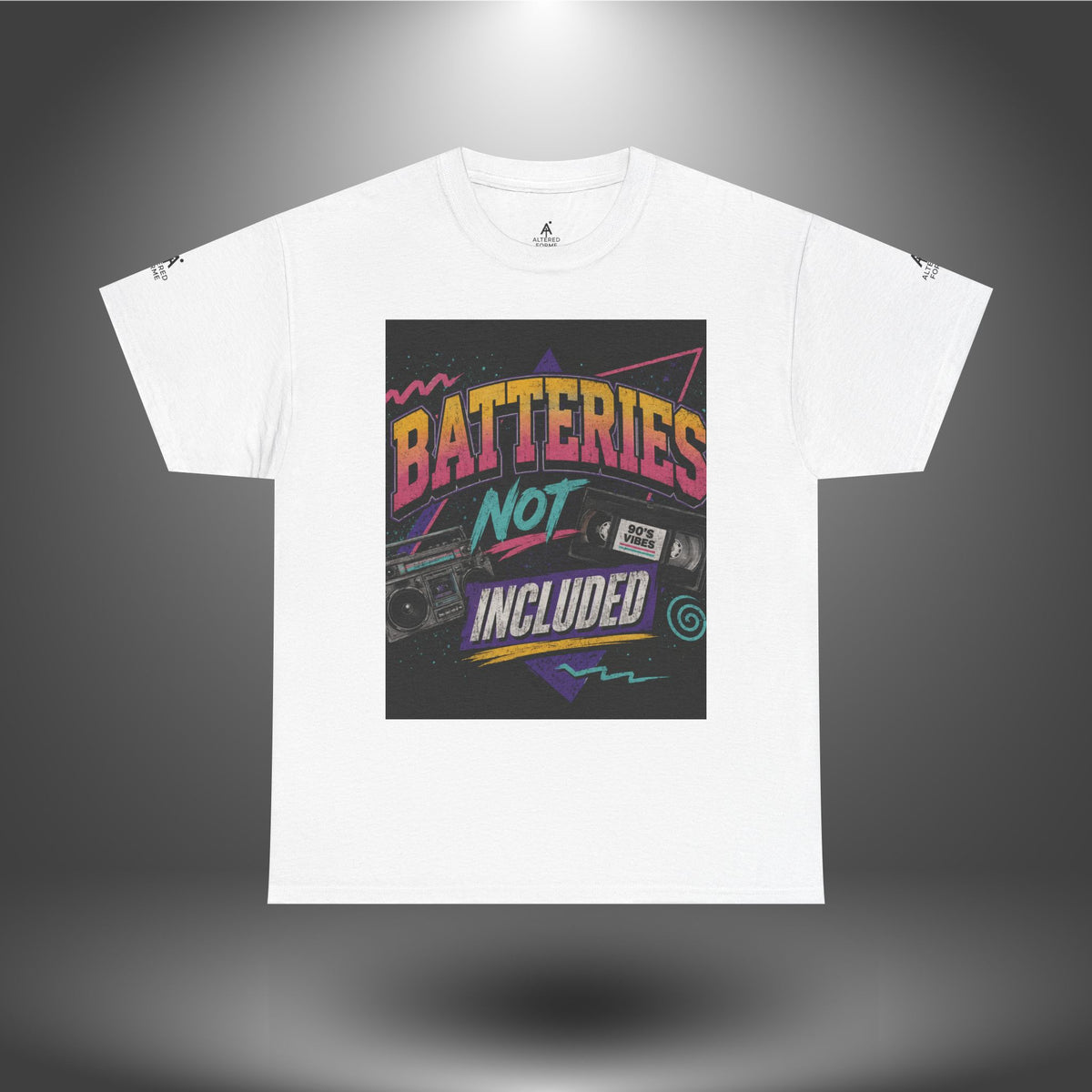 Batteries Not Included Graphic Tee — Retro 80s VHS Cassette Shirt