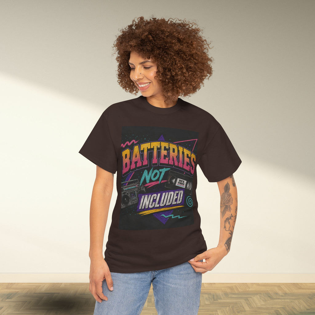 Batteries Not Included Graphic Tee — Retro 80s VHS Cassette Shirt