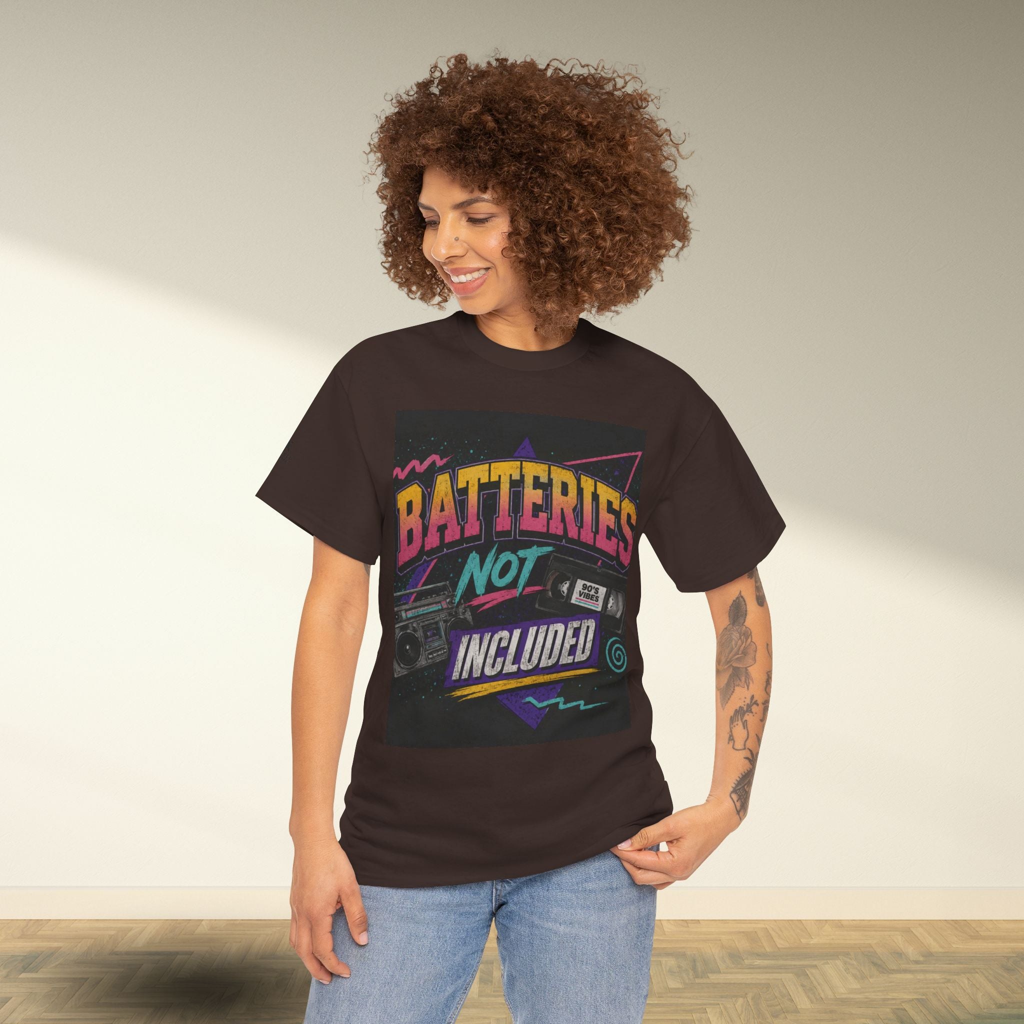 Batteries Not Included Graphic Tee — Retro 80s VHS Cassette Shirt