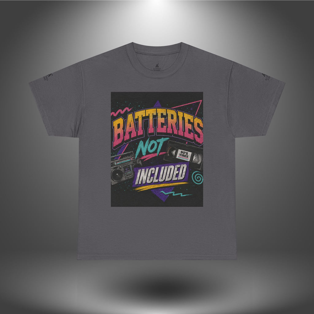 Batteries Not Included Graphic Tee — Retro 80s VHS Cassette Shirt