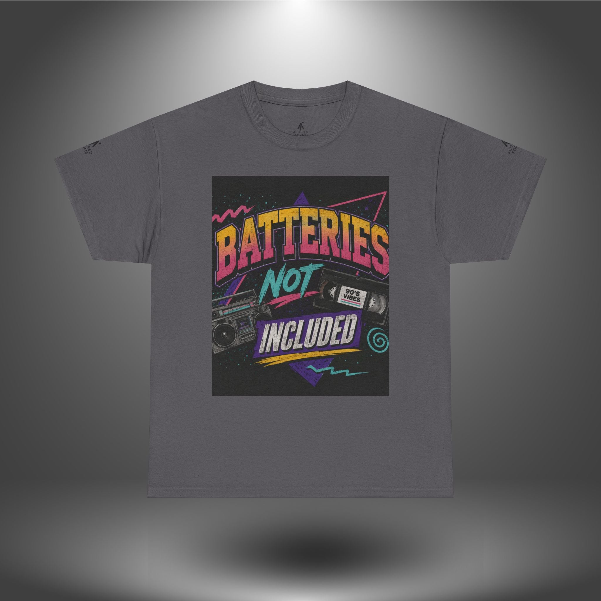 Batteries Not Included Graphic Tee — Retro 80s VHS Cassette Shirt