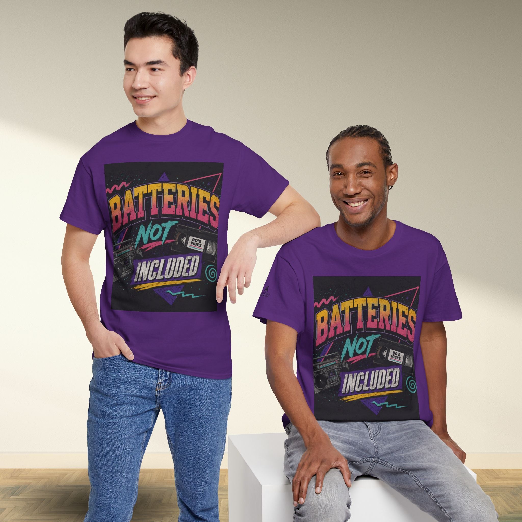 Batteries Not Included Graphic Tee — Retro 80s VHS Cassette Shirt
